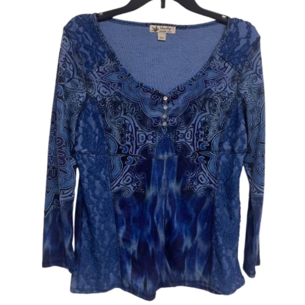 Unity World Wear Womens Large Blue Paisley Tie Dye Lace Long Sleeve Boho Top